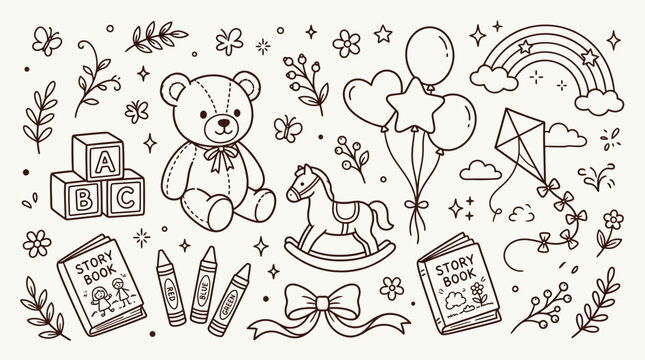 Cute hand-drawn doodle set of children's toys and playful elements including a teddy bear, blocks, balloons, books, and a rainbow.