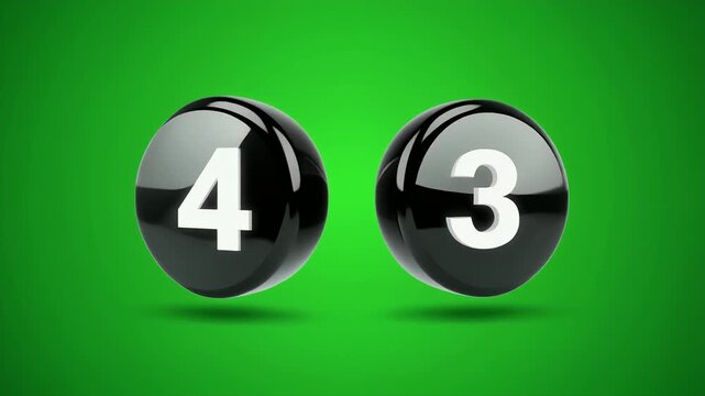 Two glossy black spheres, one displaying the number 4 and the other the number 3, hover over a vibrant green background.