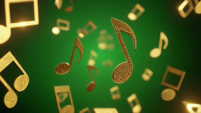 Golden musical notes float against a green background, creating a sense of auditory artistry.