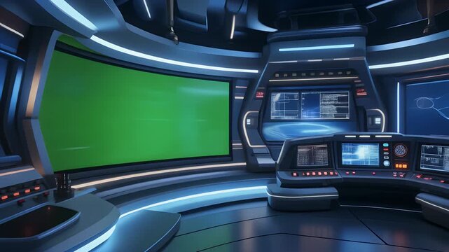 Futuristic control room with glowing screens and holographic interfaces