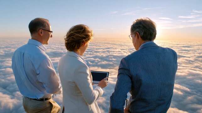 Summit of Success: Three business professionals stand above the clouds, gazing at the sunrise, a symbol of new beginnings and ambitious vision.