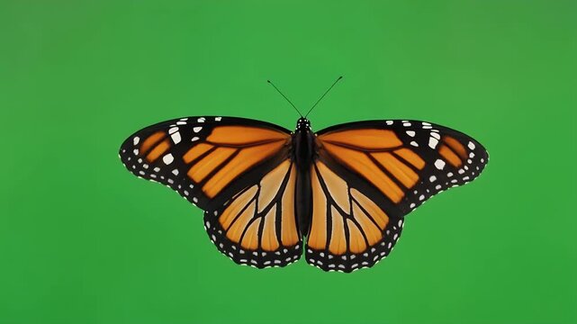 A monarch butterfly is captured mid-flight against a vibrant green background.