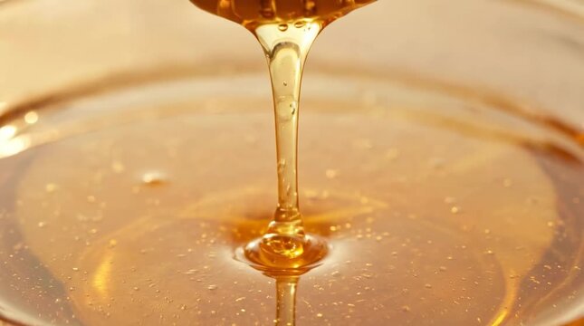 Golden honey dripping from wooden dipper