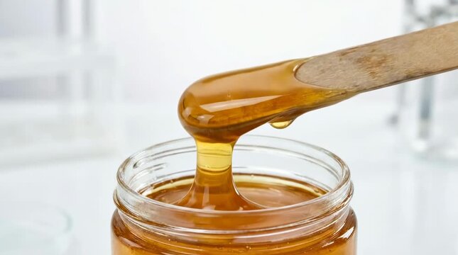 Golden honey dripping from wooden spatula into glass jar
