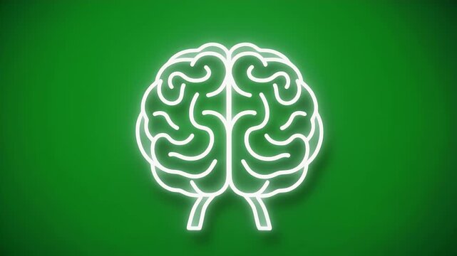 A white neon outline of a human brain glows on a vibrant green background.