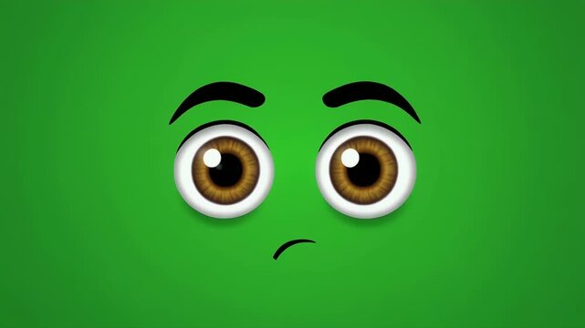 A cartoon face with large brown eyes and a slight frown on a green background.