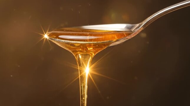 Golden honey dripping slowly from a spoon
