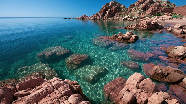 Clear turquoise ocean water laps against a rocky coastline under a bright blue sky.