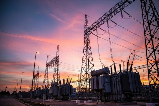 High voltage electrical power substation with transmission towers against a colorful sunset sky. Concept of renewable energy grid infrastructure and national power supply.