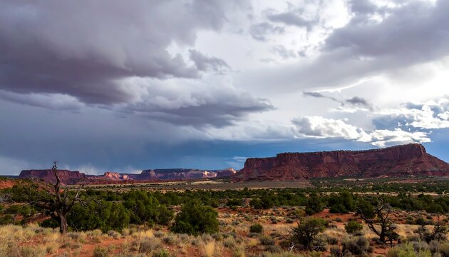 Dramatic stormy sky over arid desert landscape.