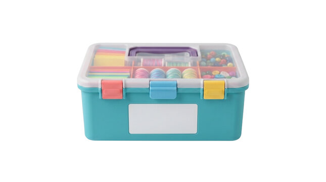 Plastic craft storage box with colorful stationery supplies for school or office organization.