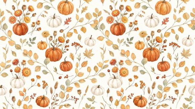 Seamless Watercolor Pumpkin and Dried Wildflower Pattern