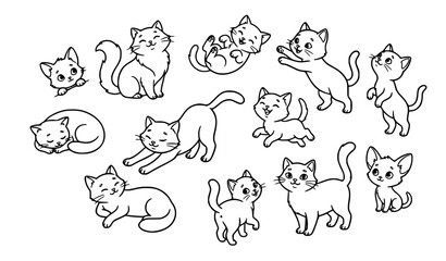 Obraz premium Cute cartoon cats interacting in playful groups with simple outline line art vector illustration