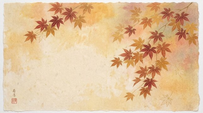 Autumn leaves on a textured paper background. The autumn concept of nature and season. The leaves are red and yellow. The texture of the paper is rough and textured.