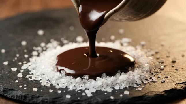 Chocolate sauce pouring onto white sugar crystals