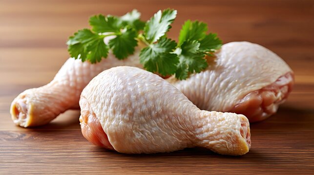 Raw fresh chicken drumsticks, uncooked poultry meat on wooden board with parsley, cooking ingredient food close‑up shot