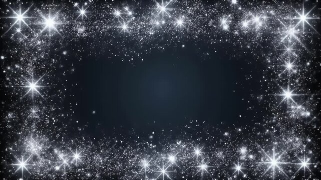 A decorative frame made of sparkling white glitter and stars on a dark background.