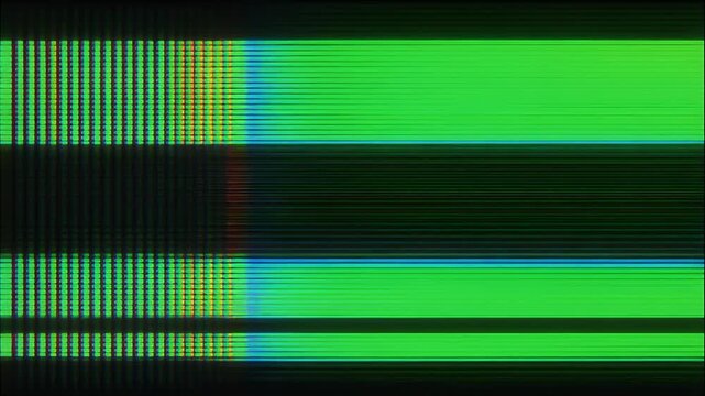 Abstract glitch art with green bars and colorful digital distortion.