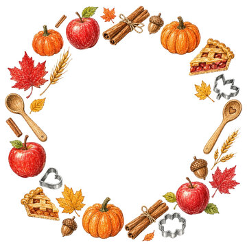A delightful wreath of autumnal harvest elements, including pumpkins, apples, pie slices, cinnamon sticks, acorns, and maple leaves, arranged in a circle.