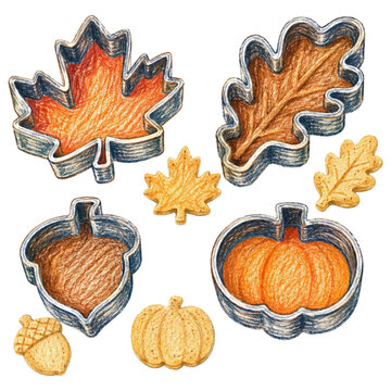 Autumnal cookie cutters in leaf, acorn, and pumpkin shapes, complete with seasonal baked goods, evoke the spirit of fall baking and harvest celebrations.