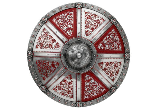Round metal shield with red and silver pattern for medieval warrior defense isolated on transparent background