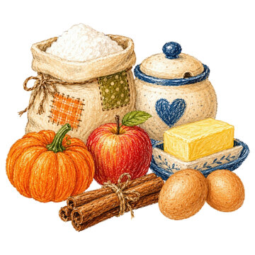 Ingredients for baking a delicious pie are artfully arranged, featuring a ripe apple, a small pumpkin, a bag of flour, eggs, cinnamon sticks, and a block of butter.