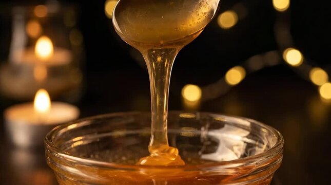 Slow motion honey pouring from spoon into glass bowl