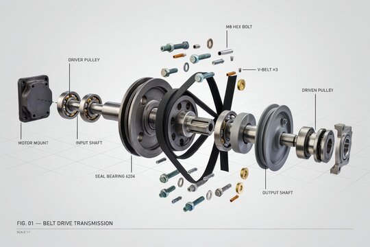 An exploded view diagram of a mechanical belt drive transmission system showing all individual components. Essential for industrial engineering or technical manuals.