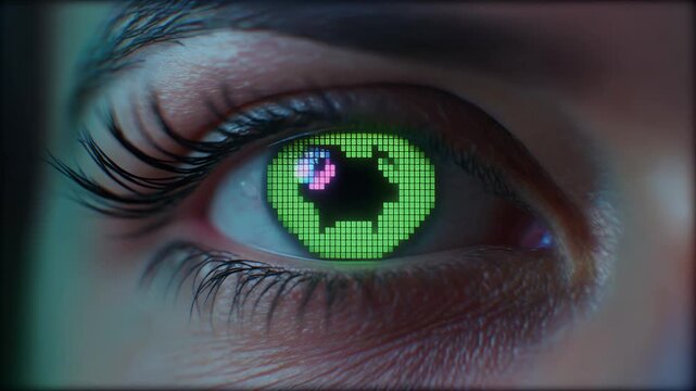 A close-up of a human eye with a digital, pixelated pattern in the iris.