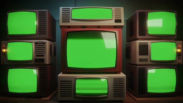 A retro collection of stacked vintage televisions with vibrant green screens.