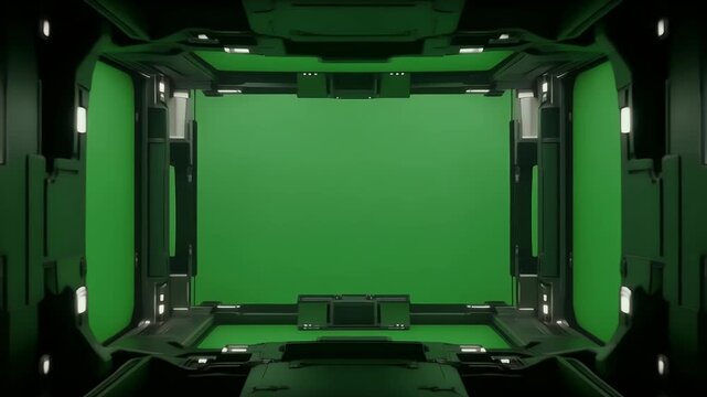 Futuristic spaceship interior with a green screen backdrop for visual effects.