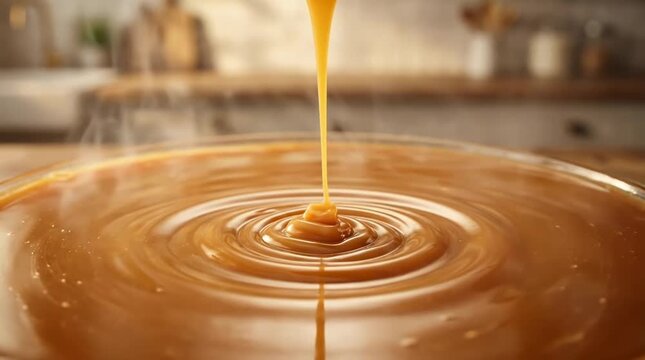 Thick caramel sauce pouring in slow motion into a bowl