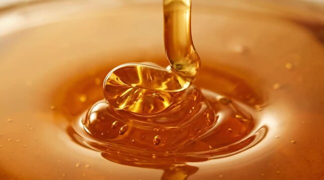 Thick honey pouring into amber liquid pool