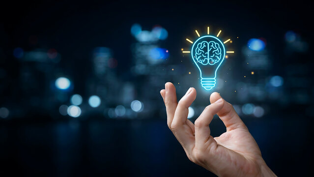 Human hand holding glowing light bulb with brain illustration icon for innovation and creative thinking innovation creativity lightbulb thinking business technology knowledge intelligence