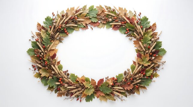Autumn wreath with leaves, berries, and wheat on white background for fall decor