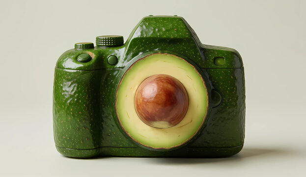 Conceptual surreal photo camera made of green avocado with brown pit lens, creative organic technology concept