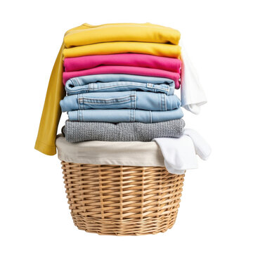 Stack of folded colorful clean clothes in a wicker laundry basket isolated on transparent background