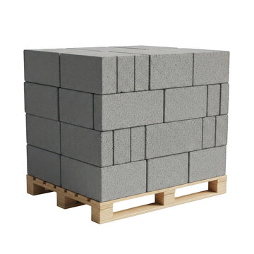 Stack of grey concrete bricks on a wooden pallet isolated on transparent background