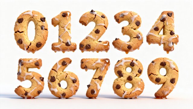 Chocolate‑chip‑cookie numerals zero‑to‑nine, frosting caramel decorated cookie‑font, white‑background 3D baked‑food creative‑number commercial template graphic