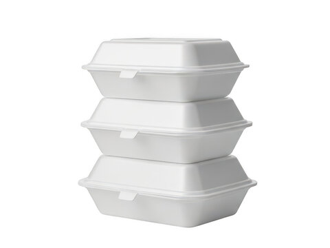 Stack of three white styrofoam food containers isolated on transparent background