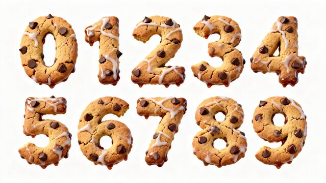 Chocolate‑chip‑cookie numerals zero‑to‑nine, frosting caramel decorated cookie‑font, white‑background 3D baked‑food creative‑number commercial template graphic
