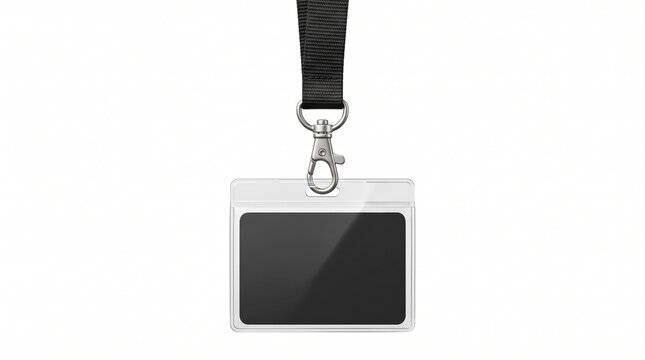 A Blank Name Badge With A Black Lanyard Isolated On A White Background