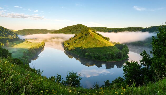 Serene landscape view of rolling green hills under blue sky.