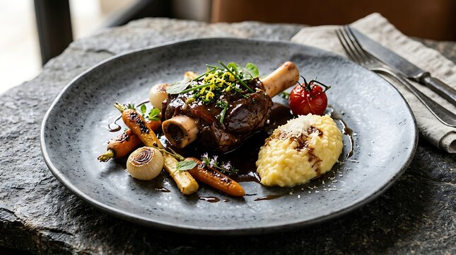 Roasted lamb shank with mashed potatoes and fresh vegetables served on a dark plate in a restaurant. veal osso bucco