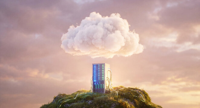 tower illustration with glowing blue building beneath a cloud on a green hill