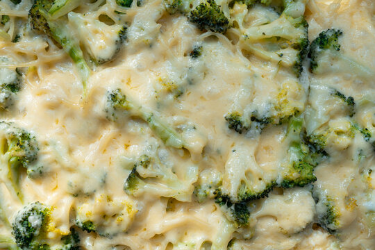 fresh delicious baked broccoli with melted cheese and spaghetti pasta