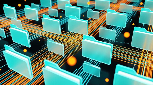 Abstract digital folders hover over glowing orange and blue data lines. Organized files transfer information across a virtual network, suggesting digital data management and tech progress.