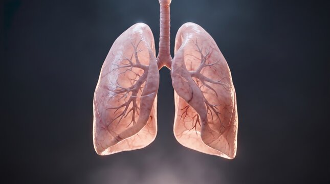 Anatomical human lung model with detailed bronchial network isolated on dark background for medical science study purposes.