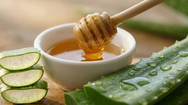 Honey dripping into bowl with aloe vera slices