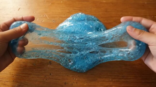 Hands stretching blue translucent slime on wood
